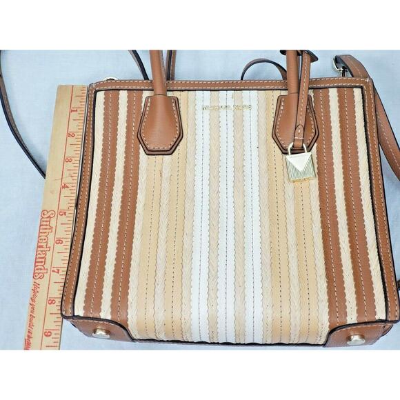 Michael Kors Rare Woven Rattan Straw Tote Handbag Leather Tan Purse Bag Pockets - Picture 11 of 12